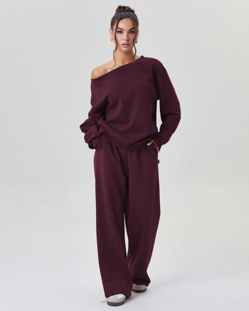 Ultra-Cozy Women’s Two-Piece Lounge Set – One-Shoulder Long-Sleeve Top & Wide-Leg Pants Secondary image