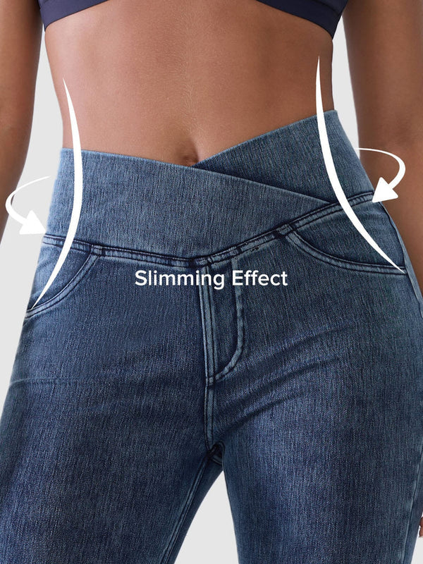 SHAPECURVE Crossover Denim Leggings with Side Pockets – Sculpting, Contouring Fit