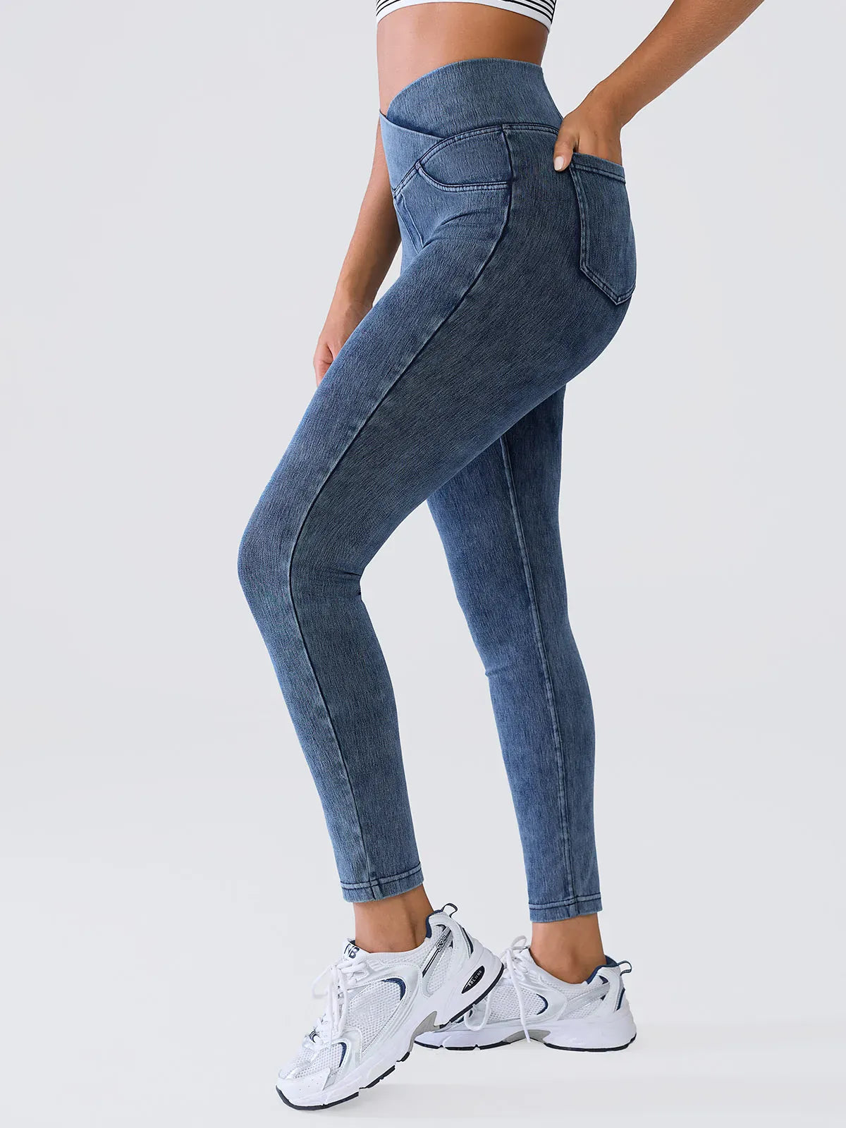 SHAPECURVE Crossover Denim Leggings with Side Pockets – Sculpting, Contouring Fit