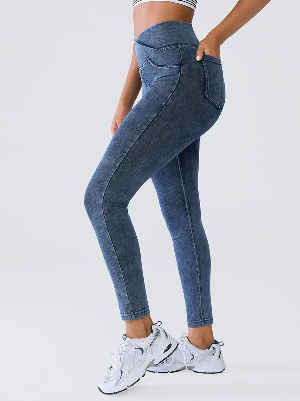 SHAPECURVE Crossover Denim Leggings with Side Pockets – Sculpting, Contouring Fit