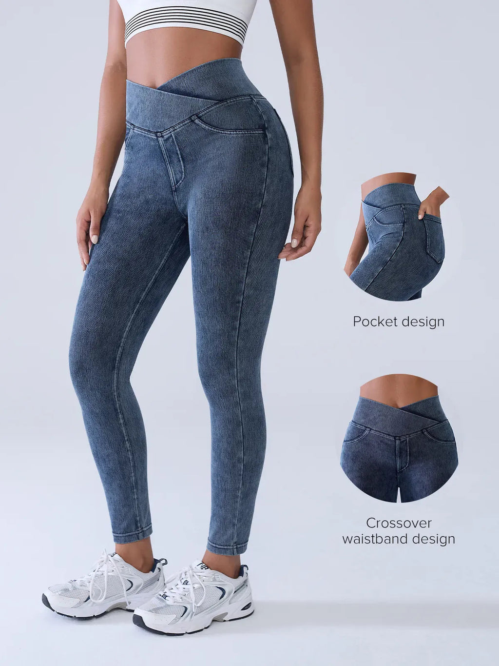 SHAPECURVE Crossover Denim Leggings with Side Pockets – Sculpting, Contouring Fit