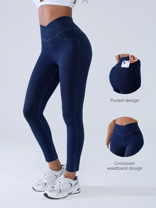 SHAPECURVE Crossover Denim Leggings with Side Pockets – Sculpting, Contouring Fit
