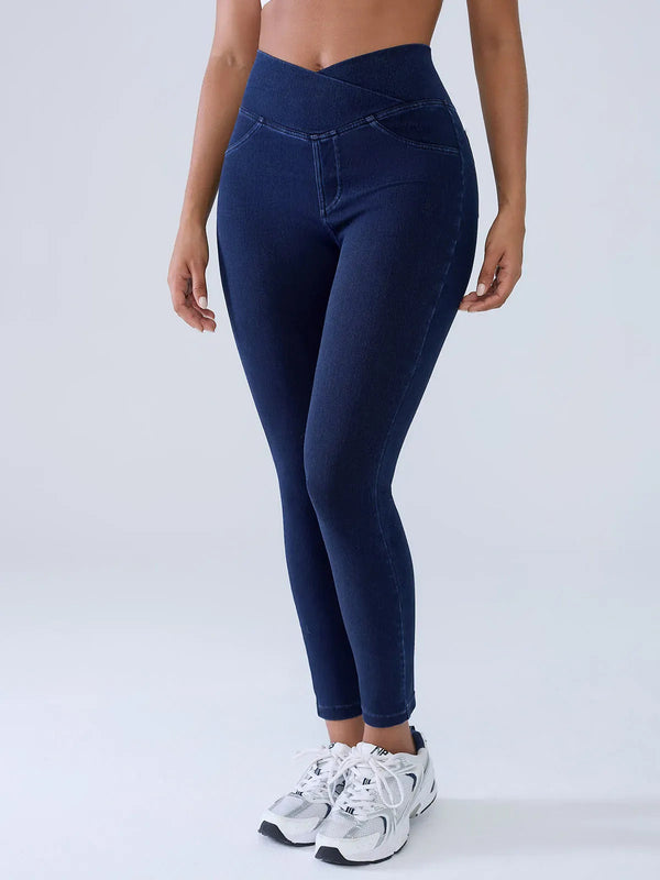 SHAPECURVE Crossover Denim Leggings with Side Pockets – Sculpting, Contouring Fit