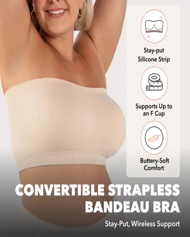 Convertible Strapless Bandeau Bra with Wireless Comfort, Anti-Slip Grip & Detachable Straps