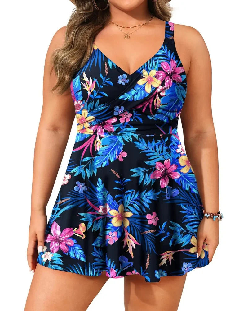 Plus-Size Tankini Swimsuit with Tummy Control and Shorts — Two-Piece Swim Dress