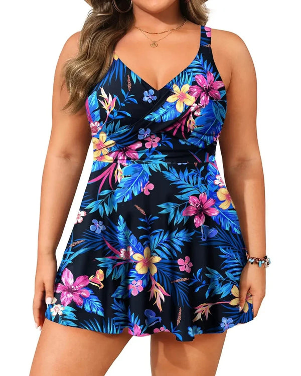 Plus-Size Tankini Swimsuit with Tummy Control and Shorts — Two-Piece Swim Dress