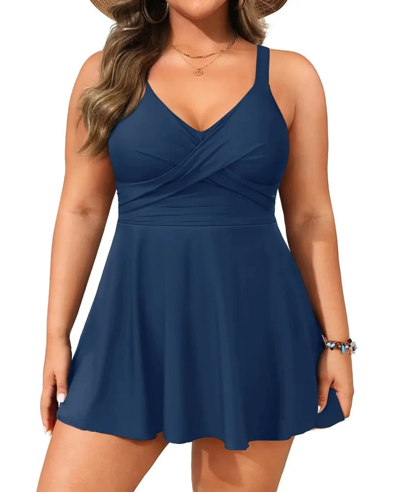 Plus-Size Tankini Swimsuit with Tummy Control and Shorts — Two-Piece Swim Dress