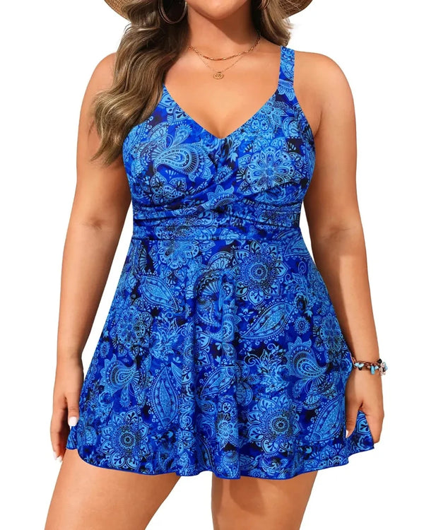 Plus-Size Tankini Swimsuit with Tummy Control and Shorts — Two-Piece Swim Dress