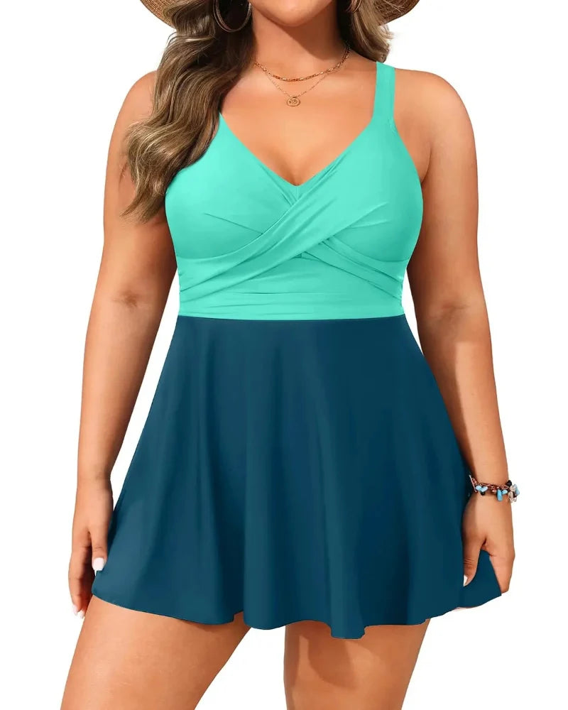 Plus-Size Tankini Swimsuit with Tummy Control and Shorts — Two-Piece Swim Dress