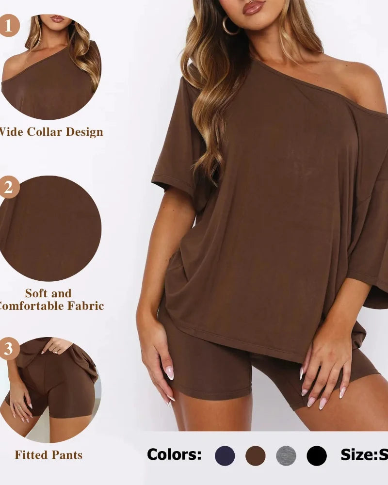 Women's Off-Shoulder Two-Piece Lounge Set - Cozy Top & Shorts