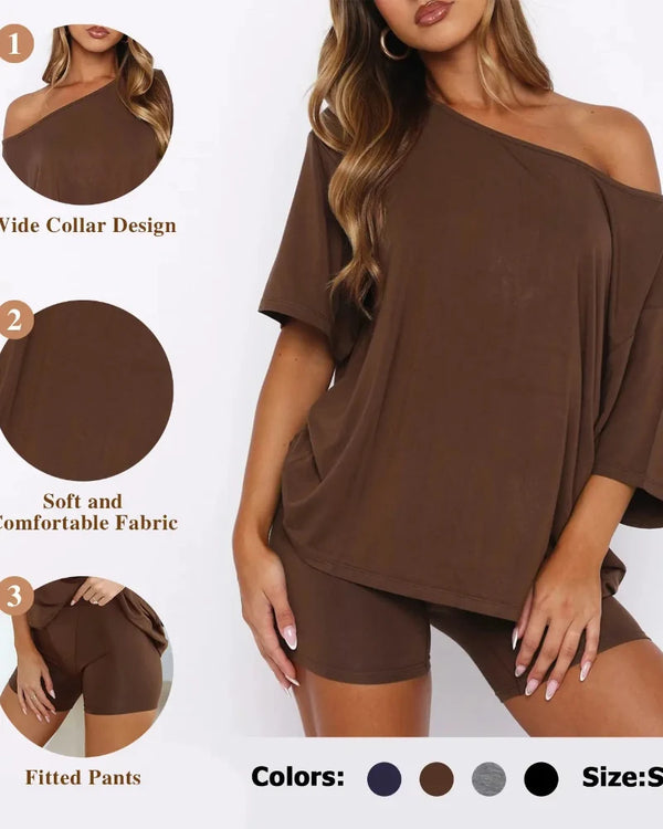 Women's Off-Shoulder Two-Piece Lounge Set - Cozy Top & Shorts