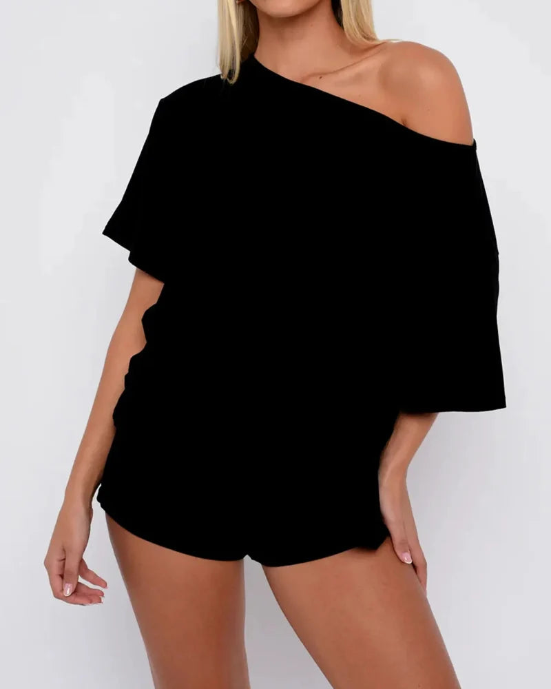 Women's Off-Shoulder Two-Piece Lounge Set - Cozy Top & Shorts