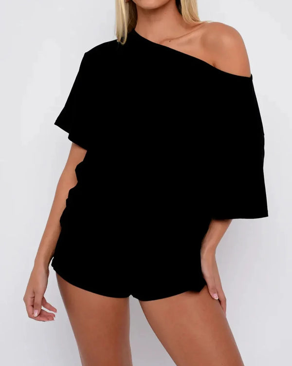 Women's Off-Shoulder Two-Piece Lounge Set - Cozy Top & Shorts
