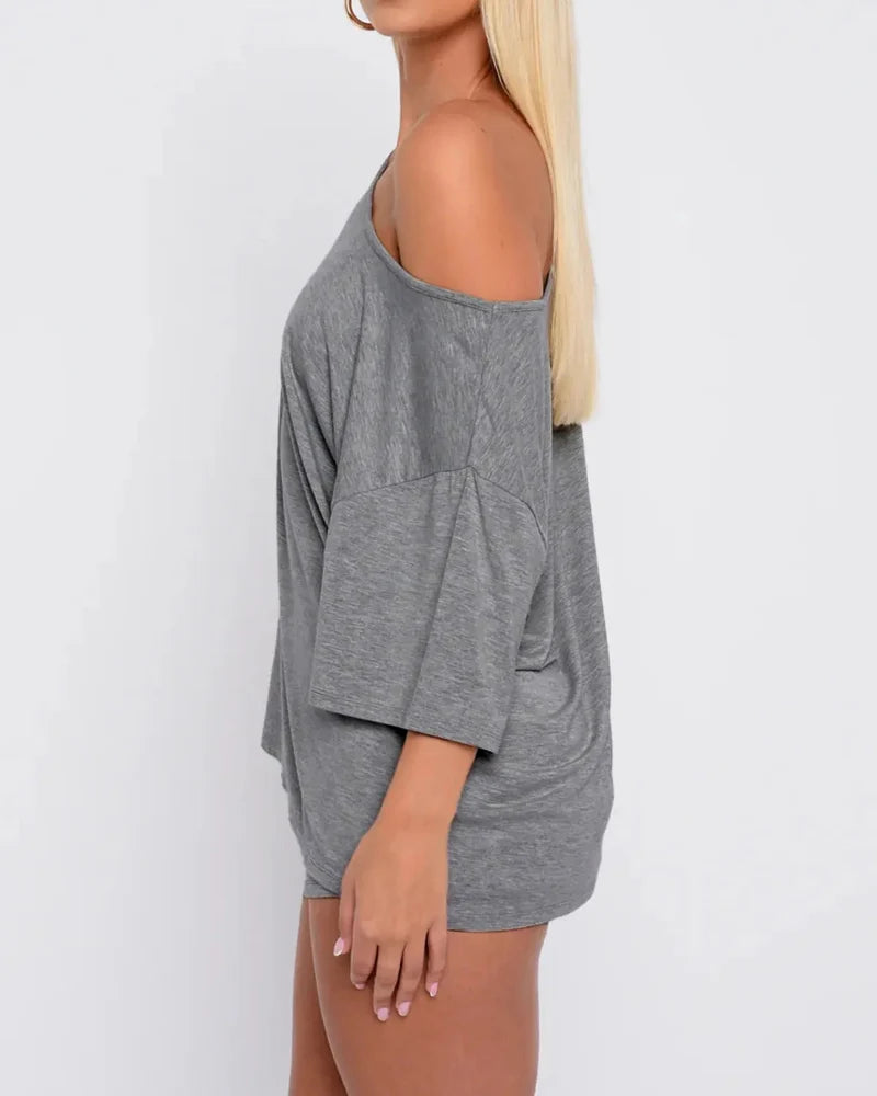 Women's Off-Shoulder Two-Piece Lounge Set - Cozy Top & Shorts