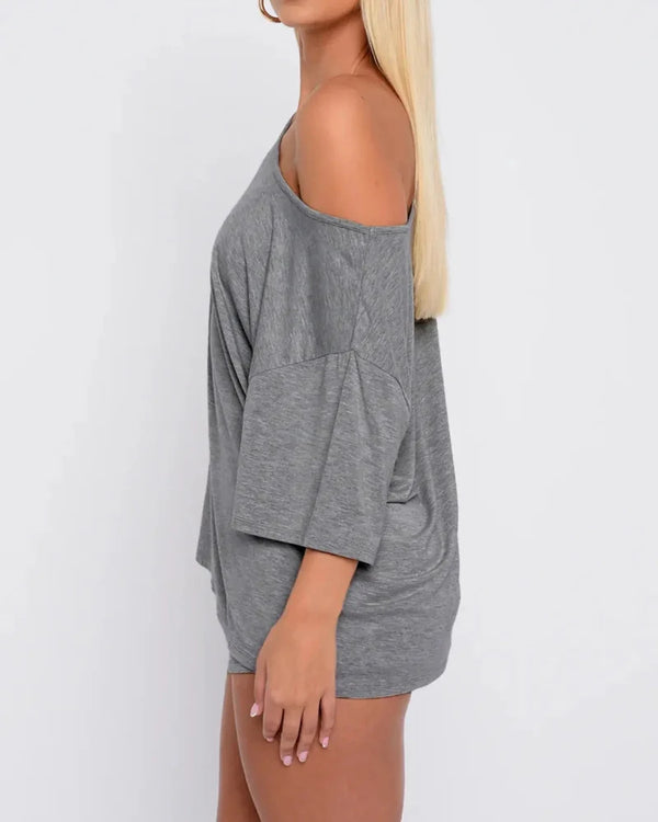 Women's Off-Shoulder Two-Piece Lounge Set - Cozy Top & Shorts