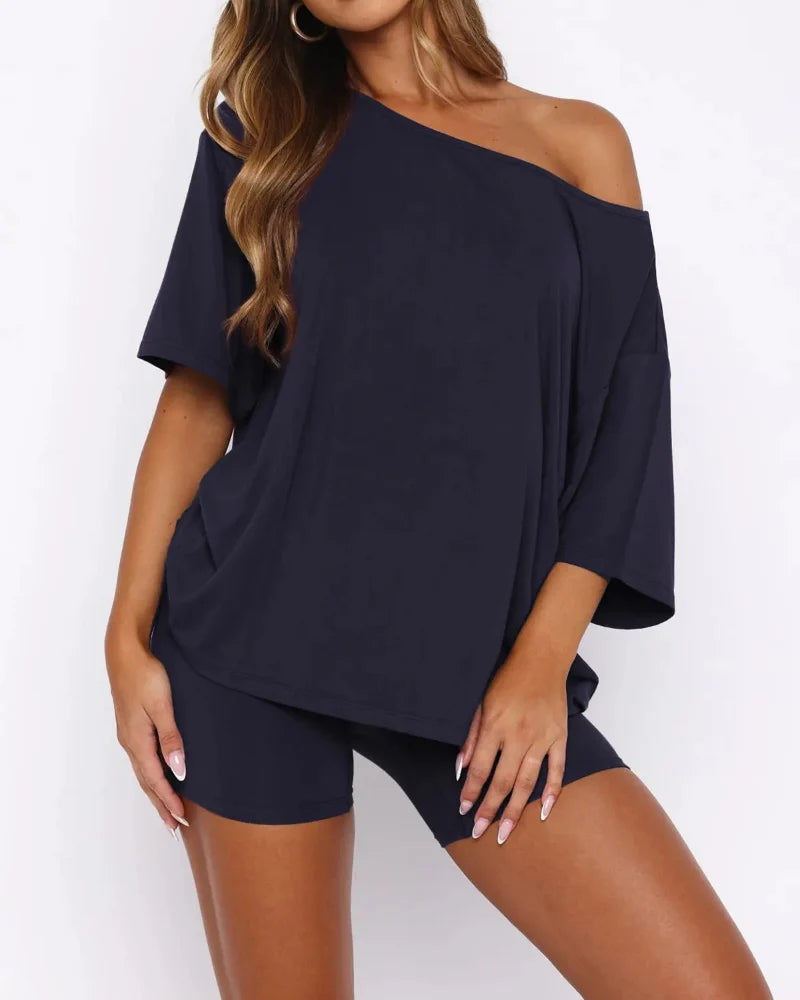 Women's Off-Shoulder Two-Piece Lounge Set - Cozy Top & Shorts