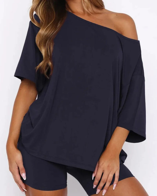Women's Off-Shoulder Two-Piece Lounge Set - Cozy Top & Shorts