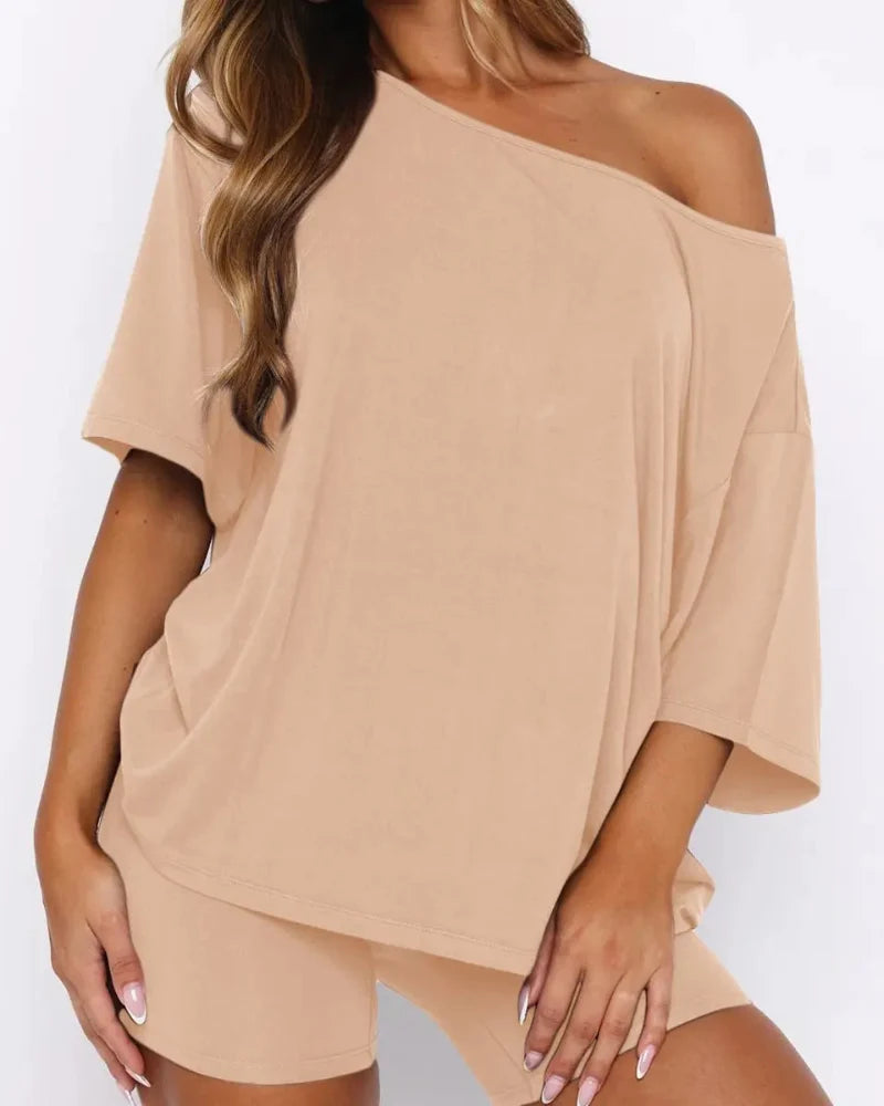 Women's Off-Shoulder Two-Piece Lounge Set - Cozy Top & Shorts
