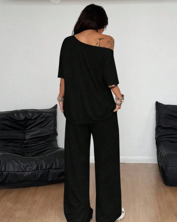Chic Women's Off-Shoulder Tee & Wide-Leg Pants 2-Piece Set