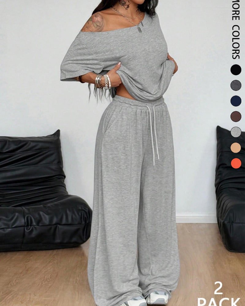 Chic Women's Off-Shoulder Tee & Wide-Leg Pants 2-Piece Set