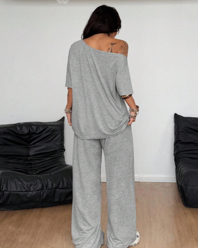 Chic Women's Off-Shoulder Tee & Wide-Leg Pants 2-Piece Set