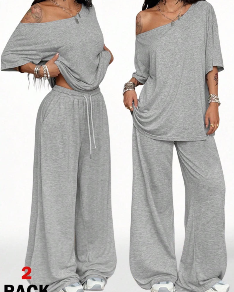 Chic Women's Off-Shoulder Tee & Wide-Leg Pants 2-Piece Set