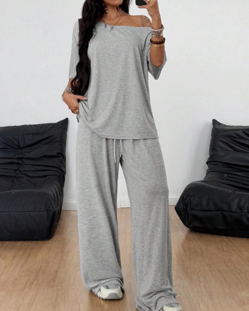 Chic Women's Off-Shoulder Tee & Wide-Leg Pants 2-Piece Set