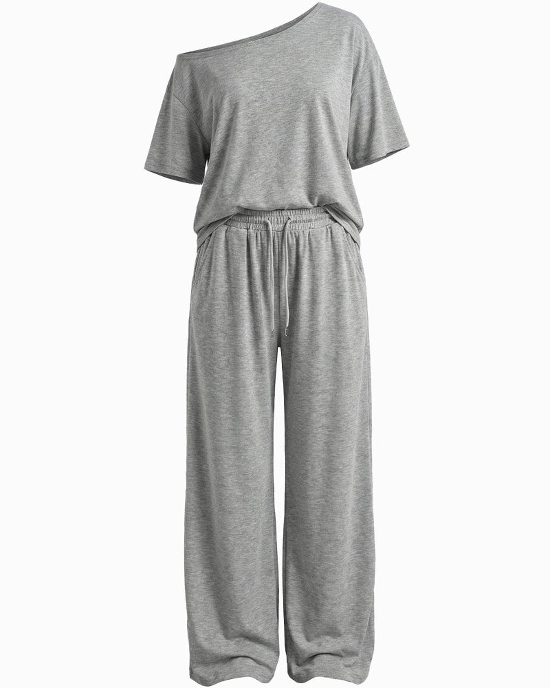 Chic Women's Off-Shoulder Tee & Wide-Leg Pants 2-Piece Set
