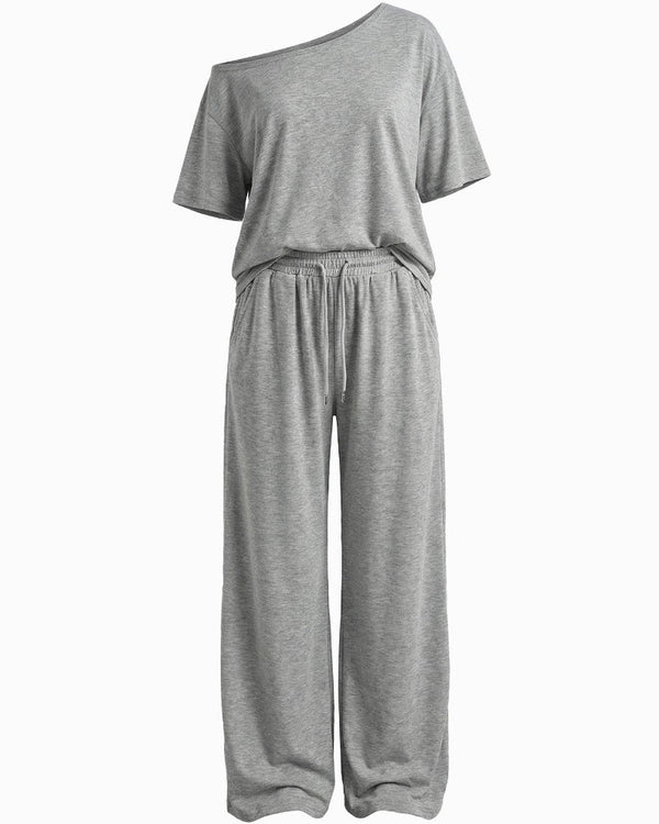 Chic Women's Off-Shoulder Tee & Wide-Leg Pants 2-Piece Set
