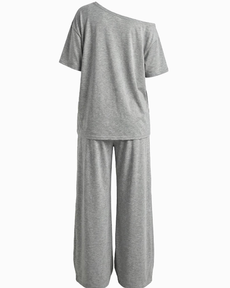 Chic Women's Off-Shoulder Tee & Wide-Leg Pants 2-Piece Set