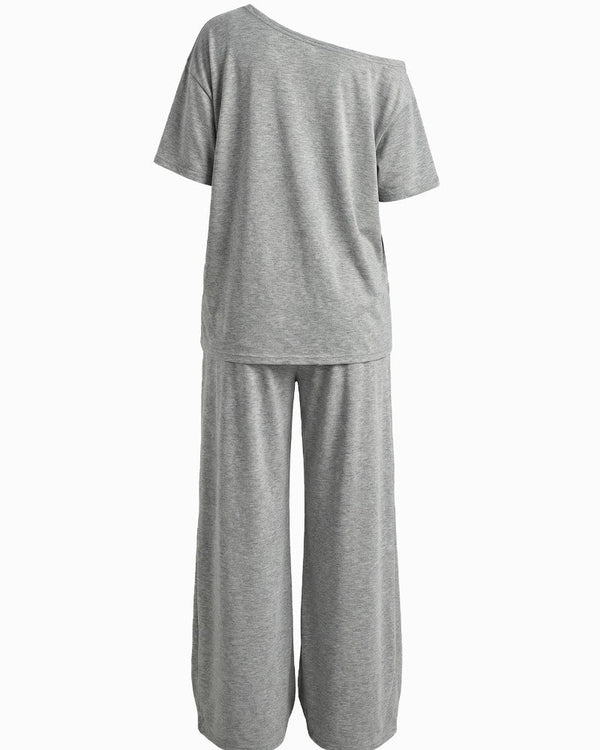 Chic Women's Off-Shoulder Tee & Wide-Leg Pants 2-Piece Set