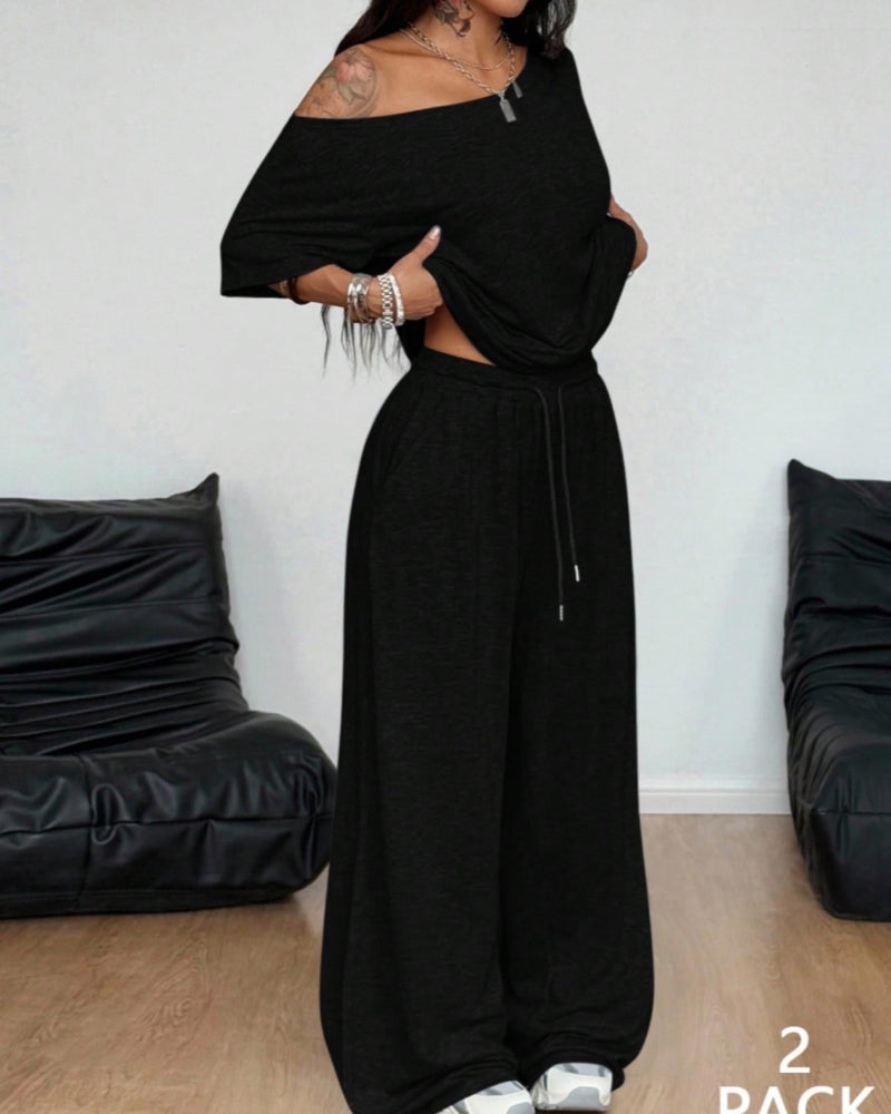 Chic Women's Off-Shoulder Tee & Wide-Leg Pants 2-Piece Set
