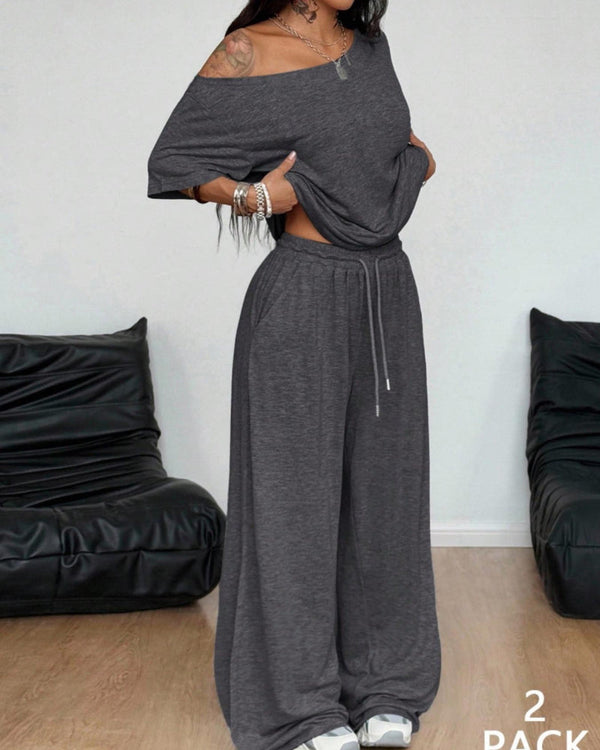 Chic Women's Off-Shoulder Tee & Wide-Leg Pants 2-Piece Set
