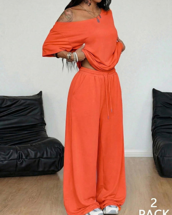 Chic Women's Off-Shoulder Tee & Wide-Leg Pants 2-Piece Set
