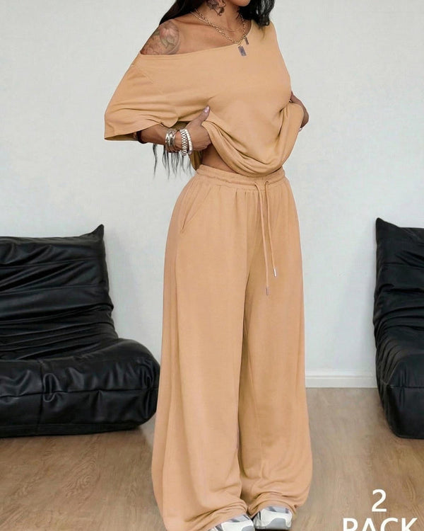 Chic Women's Off-Shoulder Tee & Wide-Leg Pants 2-Piece Set