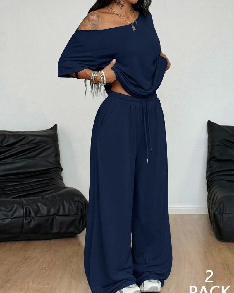 Chic Women's Off-Shoulder Tee & Wide-Leg Pants 2-Piece Set