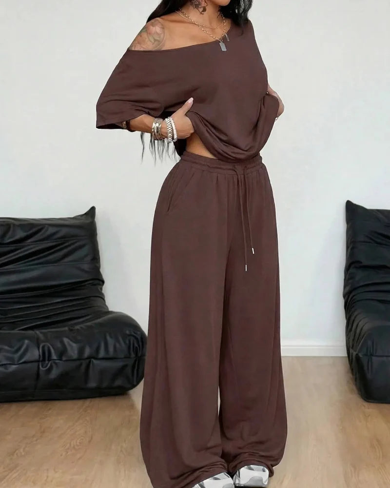 Chic Women's Off-Shoulder Tee & Wide-Leg Pants 2-Piece Set