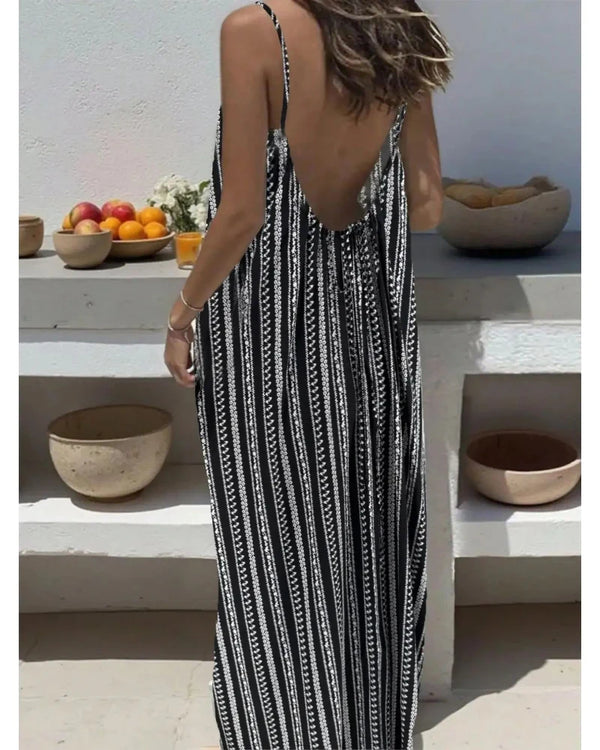 Women's Backless Leopard & Stripe Print Maxi Dress - Sleeveless Summer Dress