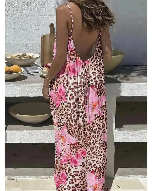 Women's Backless Leopard & Stripe Print Maxi Dress - Sleeveless Summer Dress