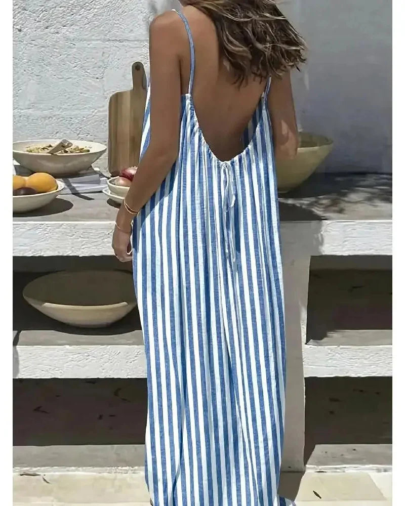 Women's Backless Leopard & Stripe Print Maxi Dress - Sleeveless Summer Dress