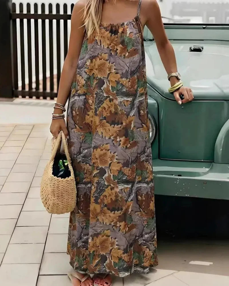 Women's Backless Leopard & Stripe Print Maxi Dress - Sleeveless Summer Dress