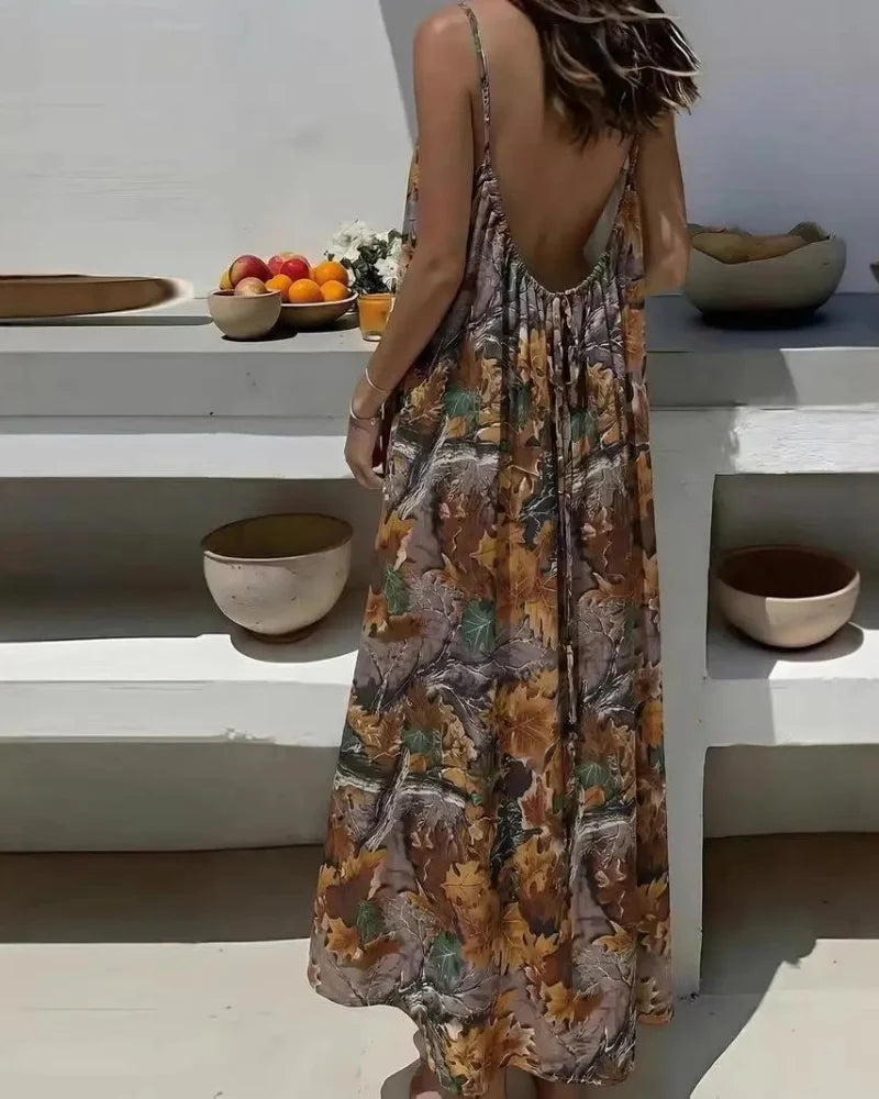 Women's Backless Leopard & Stripe Print Maxi Dress - Sleeveless Summer Dress