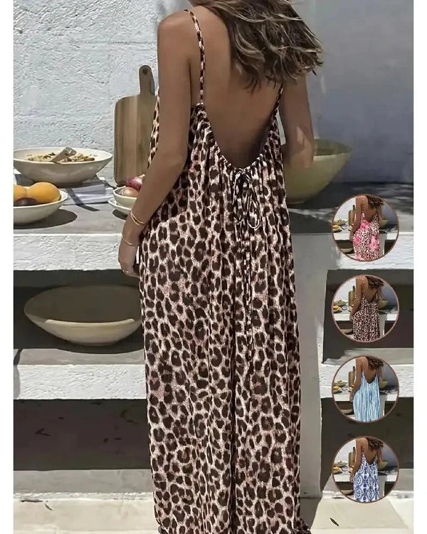 Women's Backless Leopard & Stripe Print Maxi Dress - Sleeveless Summer Dress