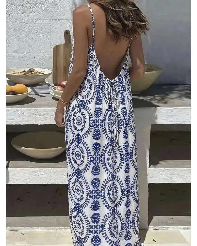 Women's Backless Leopard & Stripe Print Maxi Dress - Sleeveless Summer Dress