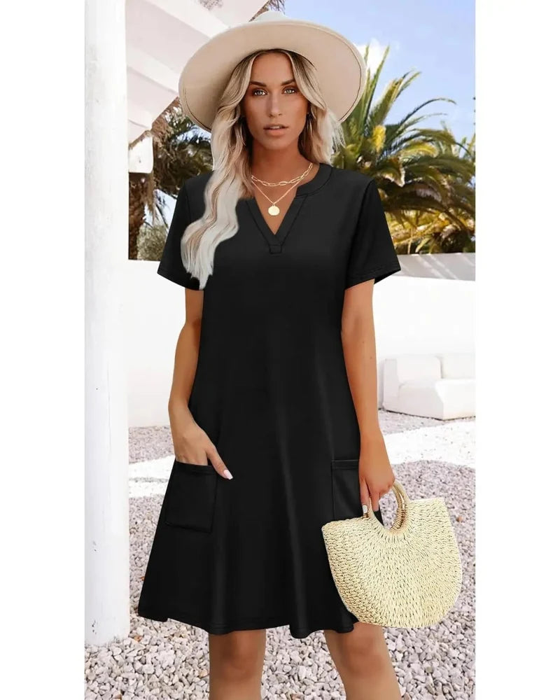 Summer 2026 Women's V-Neck Casual Short-Sleeve Dress for Beach, Wedding & Vacation Wear