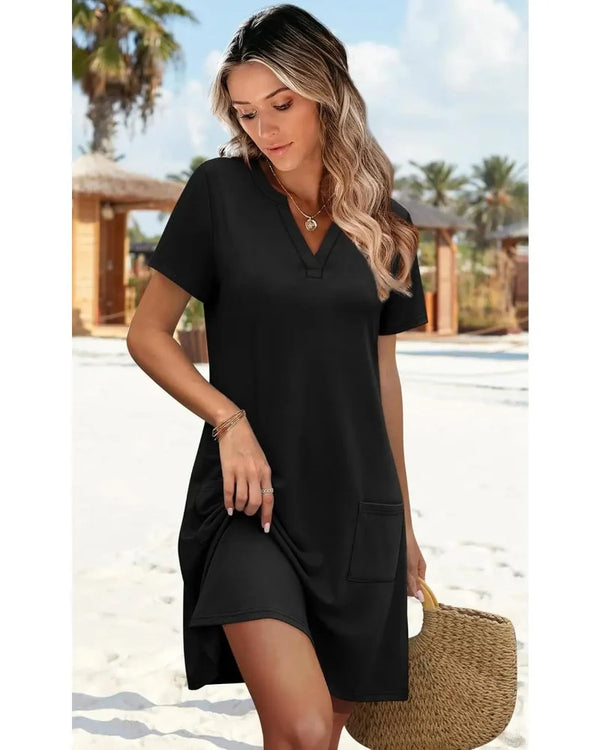 Summer 2026 Women's V-Neck Casual Short-Sleeve Dress for Beach, Wedding & Vacation Wear