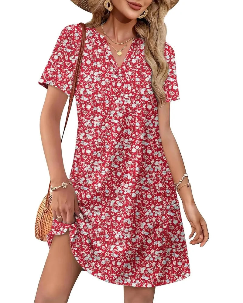 Summer 2026 Women's V-Neck Casual Short-Sleeve Dress for Beach, Wedding & Vacation Wear