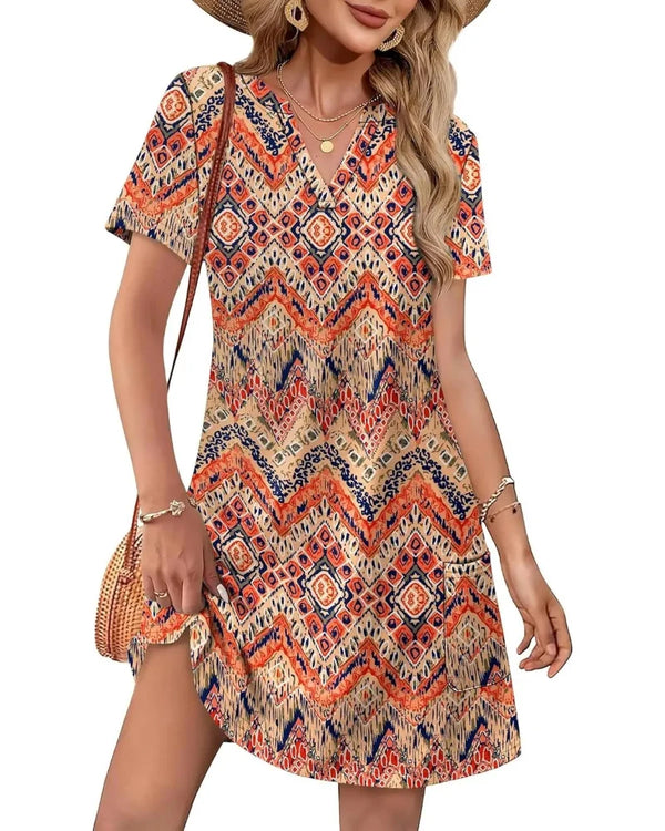 Summer 2026 Women's V-Neck Casual Short-Sleeve Dress for Beach, Wedding & Vacation Wear