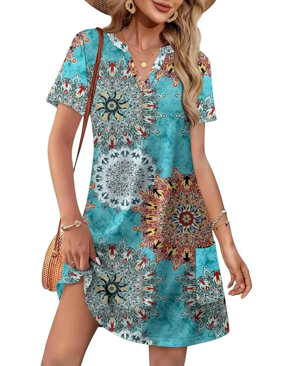 Summer 2026 Women's V-Neck Casual Short-Sleeve Dress for Beach, Wedding & Vacation Wear