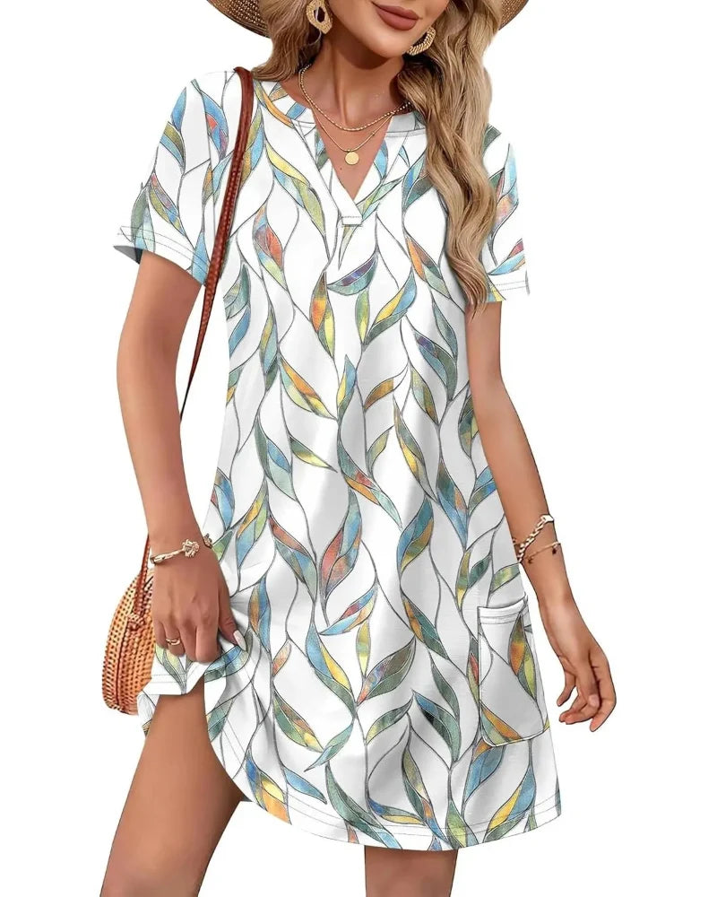 Summer 2026 Women's V-Neck Casual Short-Sleeve Dress for Beach, Wedding & Vacation Wear